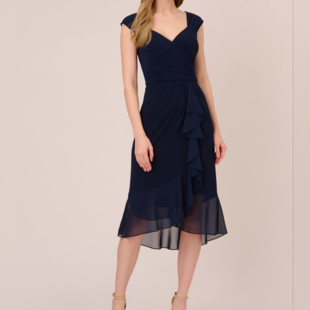 Chiffon and Jersey Flounce Draped Dress with Pleated Details in Midnight